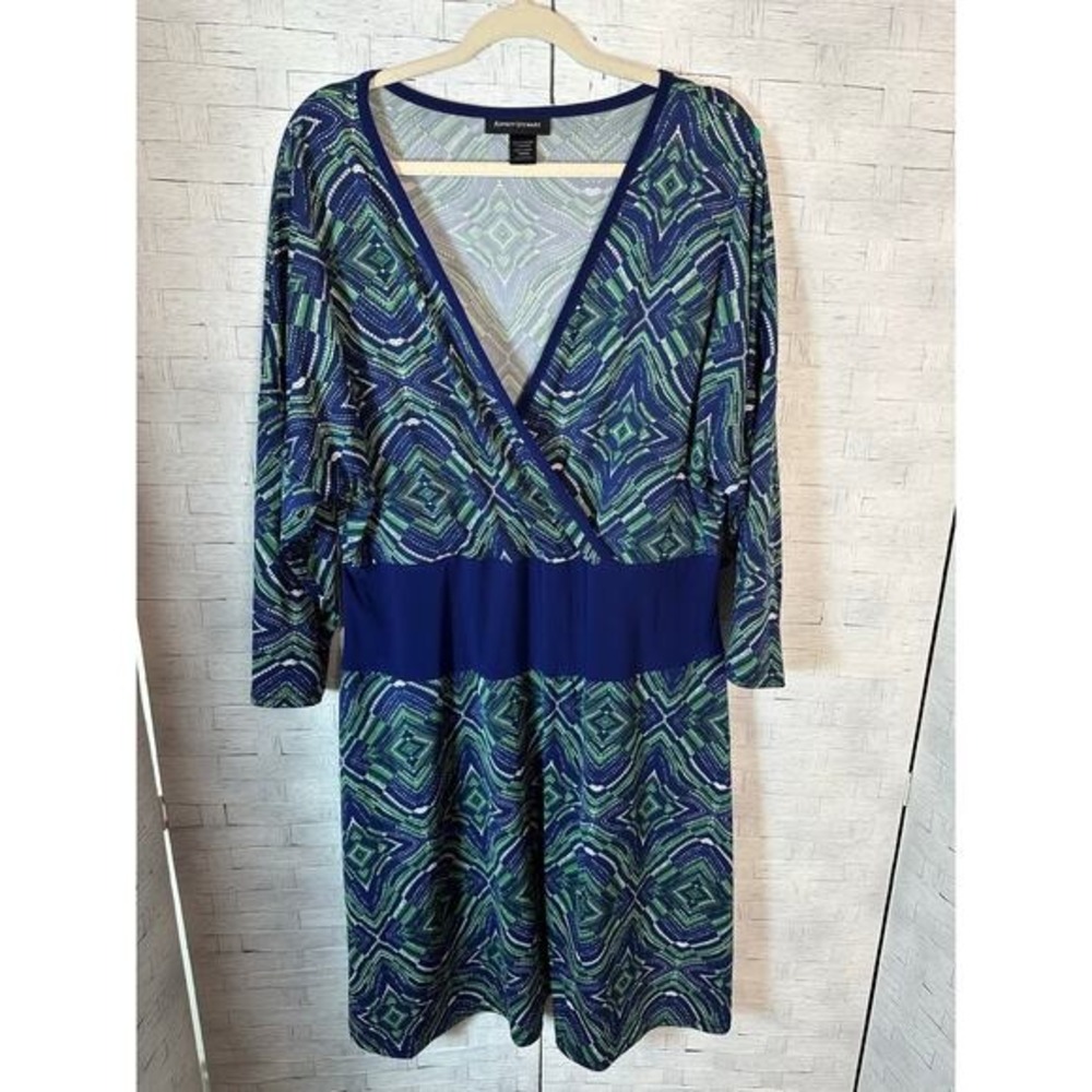 Ashley Stewart Womens Dress wrapped blue green feminine V-neck plus size